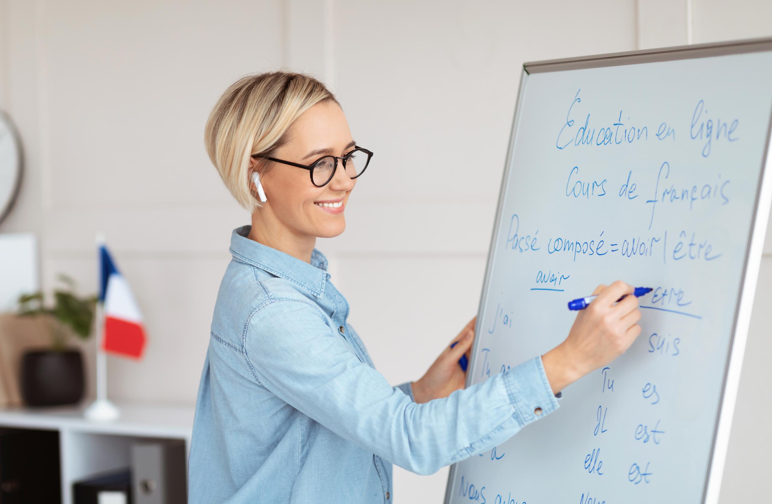 Friendly,Female,Teacher,Writing,Grammar,Rules,On,Blackboard,During,Online